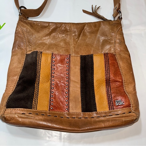 the SAK Tan camel orange brown Multi Leather STRIPED studded crossbody 10x11” L - Picture 16 of 16